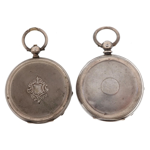 3764 - Two gentlemen's silver open face pocket watches with enamelled dials, each 52mm in diameter.