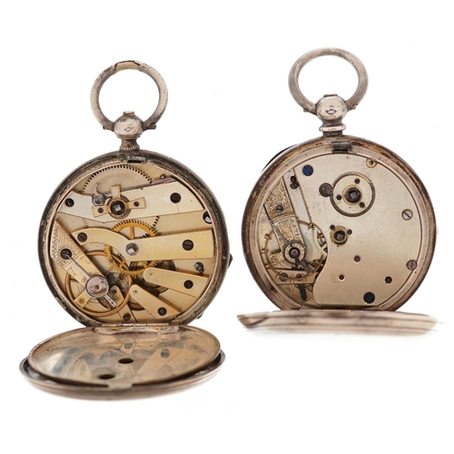 3764 - Two gentlemen's silver open face pocket watches with enamelled dials, each 52mm in diameter.