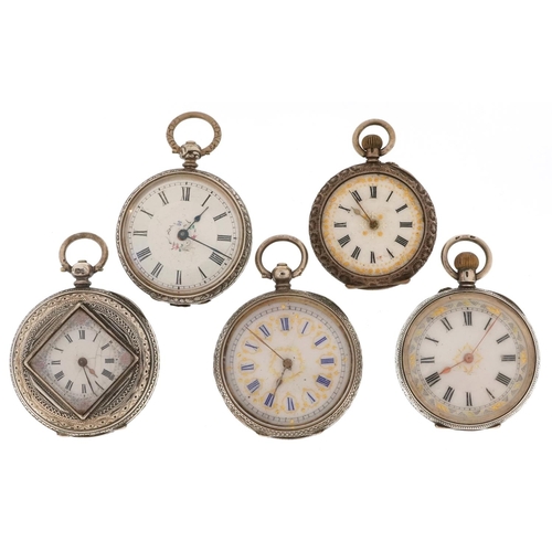 3770 - Five antique ladies silver open face pocket watches of ornate enamelled dials, the largest 44mm in d... 