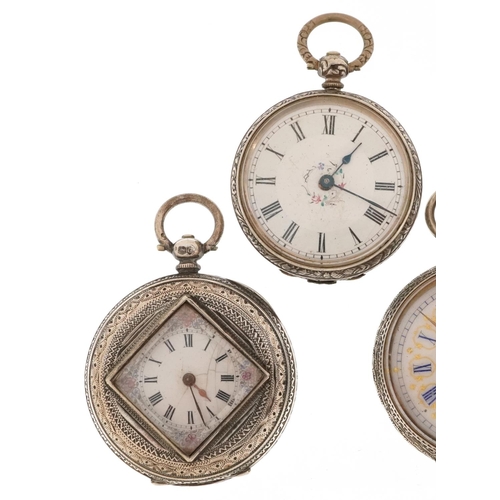 3770 - Five antique ladies silver open face pocket watches of ornate enamelled dials, the largest 44mm in d... 