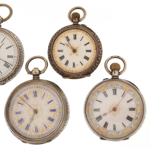 3770 - Five antique ladies silver open face pocket watches of ornate enamelled dials, the largest 44mm in d... 