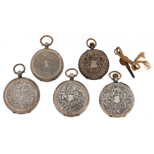 3770 - Five antique ladies silver open face pocket watches of ornate enamelled dials, the largest 44mm in d... 