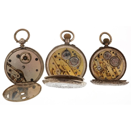 3770 - Five antique ladies silver open face pocket watches of ornate enamelled dials, the largest 44mm in d... 