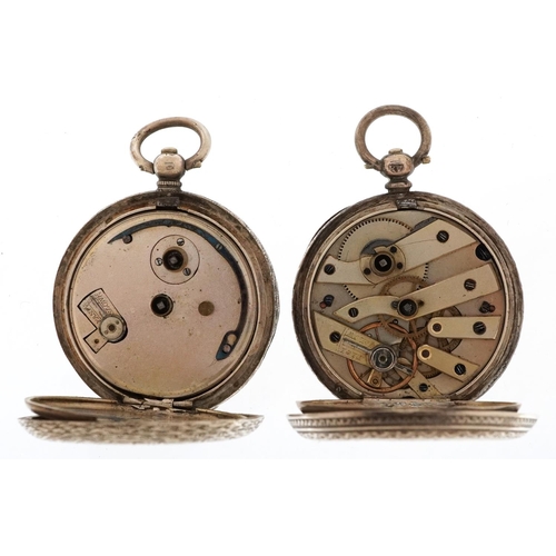 3770 - Five antique ladies silver open face pocket watches of ornate enamelled dials, the largest 44mm in d... 