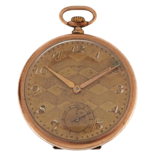 3761 - Tempo, an Art Deco gentlemen's gold plated open face top wind pocket watch, 46mm in diameter.