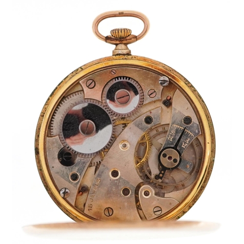 3761 - Tempo, an Art Deco gentlemen's gold plated open face top wind pocket watch, 46mm in diameter.