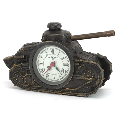 2480 - A novelty bronzed clock in the form of a military tank, 16cm in length.