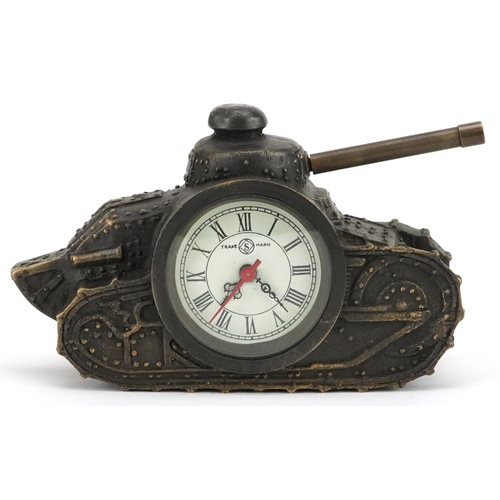 2480 - A novelty bronzed clock in the form of a military tank, 16cm in length.