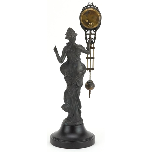 235 - A patinated spelter mystery clock in the form of an Art Nouveau maiden, 33.5cm high.