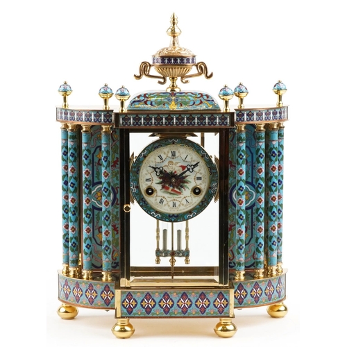 180 - A French style champlevé enamelled brass mantle clock, 45cm high