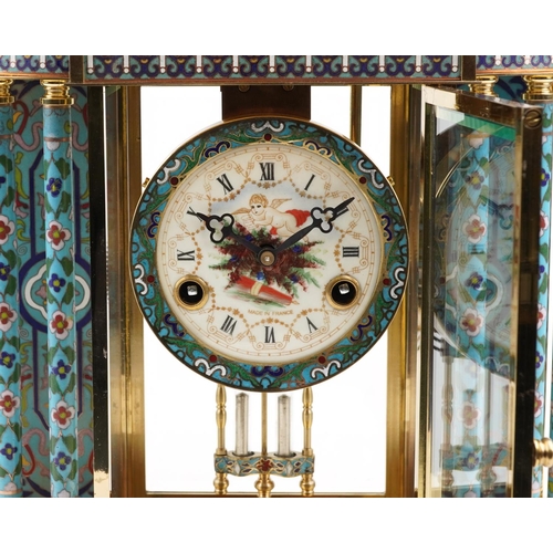 180 - A French style champlevé enamelled brass mantle clock, 45cm high