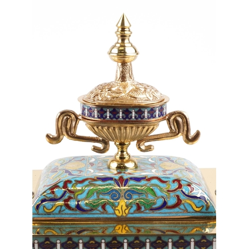 180 - A French style champlevé enamelled brass mantle clock, 45cm high