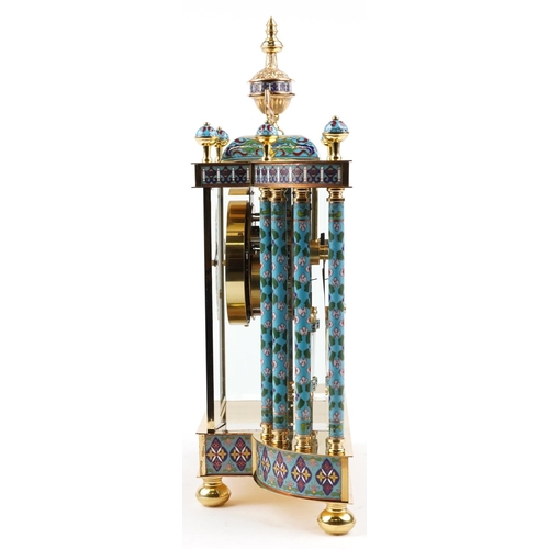 180 - A French style champlevé enamelled brass mantle clock, 45cm high