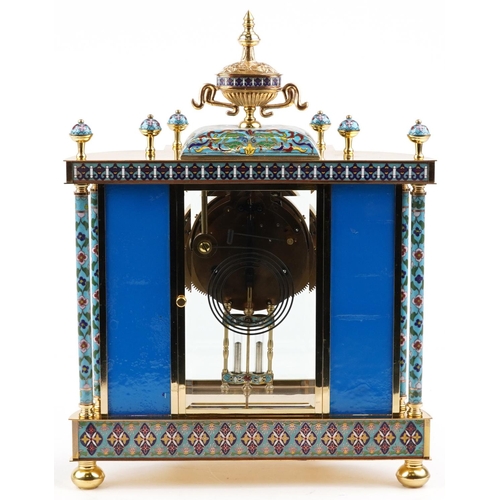 180 - A French style champlevé enamelled brass mantle clock, 45cm high