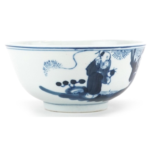 79 - A Chinese blue and white porcelain bowl, 20th century, decorated with three figures, 12cm in diamete... 