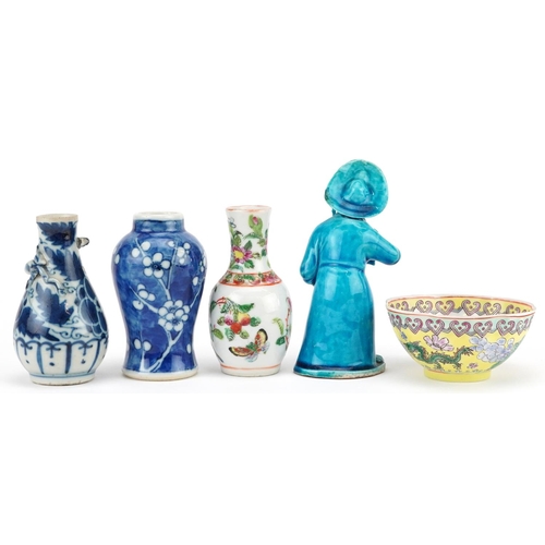 374 - A small group of Chinese miniature porcelain vases together with a bowl and turquoise glazed figure ... 