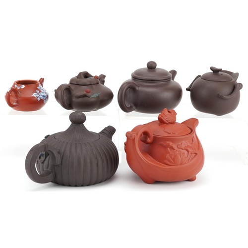 146 - A group of six Chinese Yixing stoneware teapots, 20th century, the largest 11cm high.