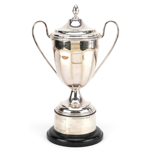 2300 - A golfing interest silver plated twin handled trophy and cover on stand for The Creed Golfing Societ... 