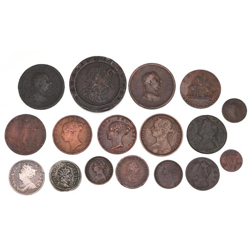 2180 - Antique British coinage to include a Queen Anne 1711 silver shilling, 1797 cartwheel twopence piece,... 