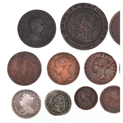 2180 - Antique British coinage to include a Queen Anne 1711 silver shilling, 1797 cartwheel twopence piece,... 