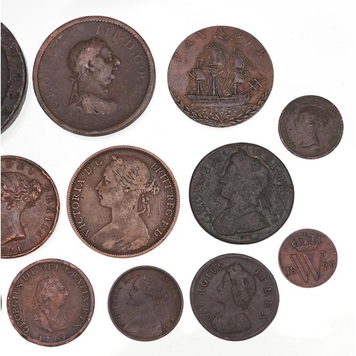 2180 - Antique British coinage to include a Queen Anne 1711 silver shilling, 1797 cartwheel twopence piece,... 