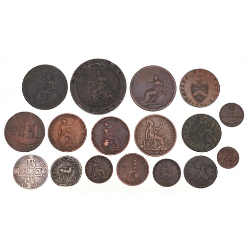 2180 - Antique British coinage to include a Queen Anne 1711 silver shilling, 1797 cartwheel twopence piece,... 