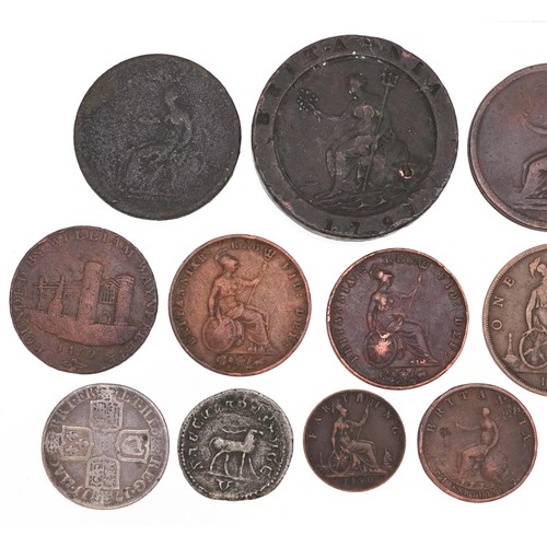 2180 - Antique British coinage to include a Queen Anne 1711 silver shilling, 1797 cartwheel twopence piece,... 