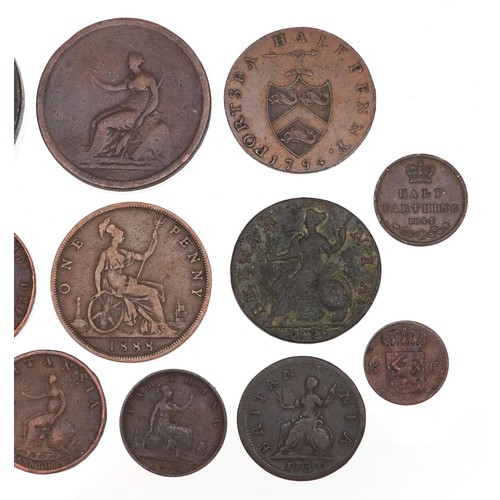 2180 - Antique British coinage to include a Queen Anne 1711 silver shilling, 1797 cartwheel twopence piece,... 