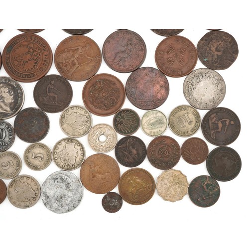 2182 - Antique and later British and world coinage some silver, including a Japanese 1916 silver fifty sen,... 