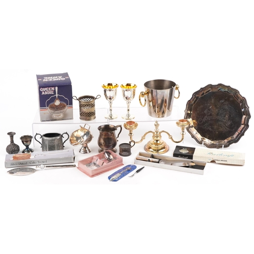 1316 - A small collection of assorted plated items including a salver, two goblets and an ice bucket.