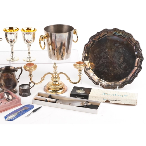 1316 - A small collection of assorted plated items including a salver, two goblets and an ice bucket.