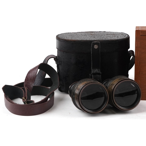 1224 - A pair of antique unnamed binoculars with leather case and an Opax microscope with fitted case.