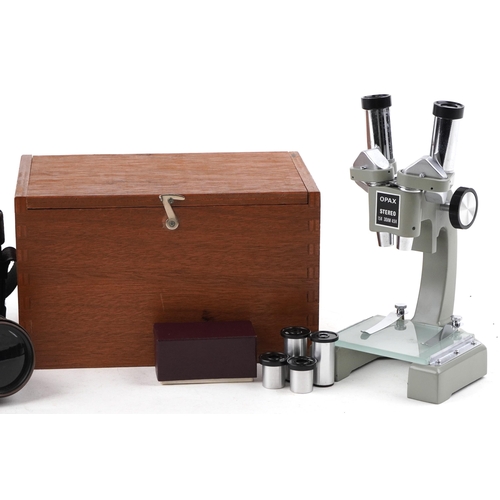 1224 - A pair of antique unnamed binoculars with leather case and an Opax microscope with fitted case.