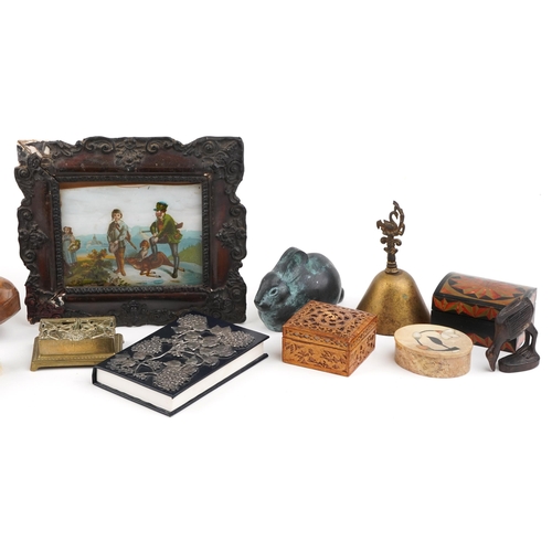 1176 - A mixed group of collector's items including a reverse painting on glass, two Victorian rosewood bru... 