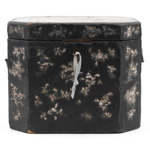 176 - A Victorian chinoiserie decorated black lacquer box with mother of pearl inlaid decoration, 23cm H x... 