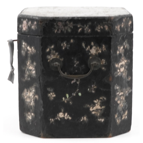 176 - A Victorian chinoiserie decorated black lacquer box with mother of pearl inlaid decoration, 23cm H x... 