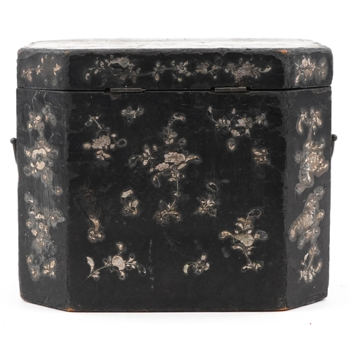 176 - A Victorian chinoiserie decorated black lacquer box with mother of pearl inlaid decoration, 23cm H x... 