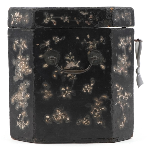 176 - A Victorian chinoiserie decorated black lacquer box with mother of pearl inlaid decoration, 23cm H x... 