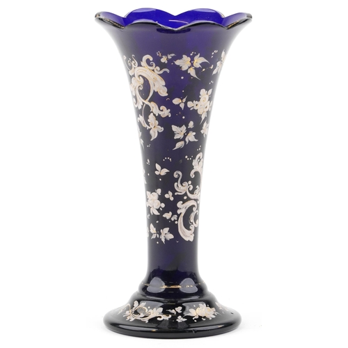 273 - A late 19th/early 20th century French blue glass vase of flared form, with gilt and hand painted dec... 