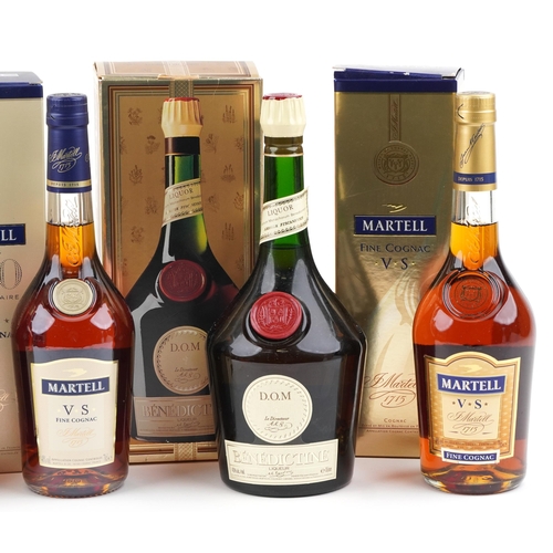 387 - Five bottles of alcohol including Martell Fine Cognac, Martell Tri-Centenary Fine Cognac, Dom Benedi... 