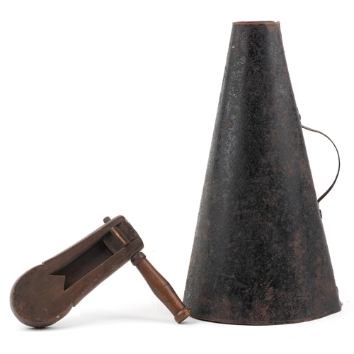 2304 - A vintage wooden crow scarer and tin mega-horn, the mega-horn 36cm in length.