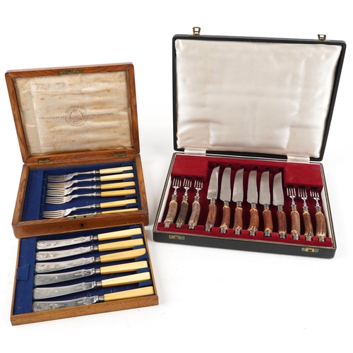 594 - An early 20th century Mappin & Webb plated set of fish knives and forks with bone handles within a c... 