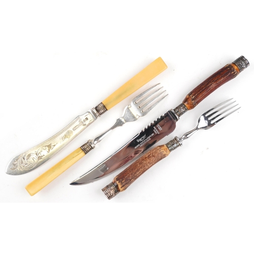 594 - An early 20th century Mappin & Webb plated set of fish knives and forks with bone handles within a c... 