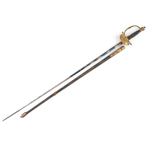 2510 - An 18ct century William IV court sword and scabbard with wire bound grip and engraved blade, 97cm in... 