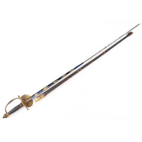 2510 - An 18ct century William IV court sword and scabbard with wire bound grip and engraved blade, 97cm in... 