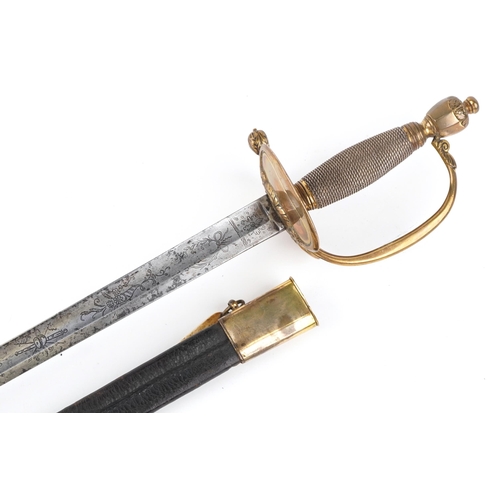 2509 - An 18th century British military infantry officer's sword and scabbard with wire bound grip and engr... 