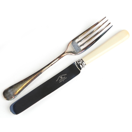 593 - Mappin & Webb, an oak canteen of silver plated cutlery with brass carry handles, 49cm wide.