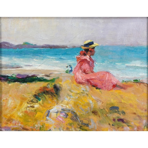 1581 - Manner of R Le Rossett - Female seated on a coastline, French Impressionist oil on board, framed, 43... 