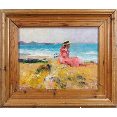 1581 - Manner of R Le Rossett - Female seated on a coastline, French Impressionist oil on board, framed, 43... 