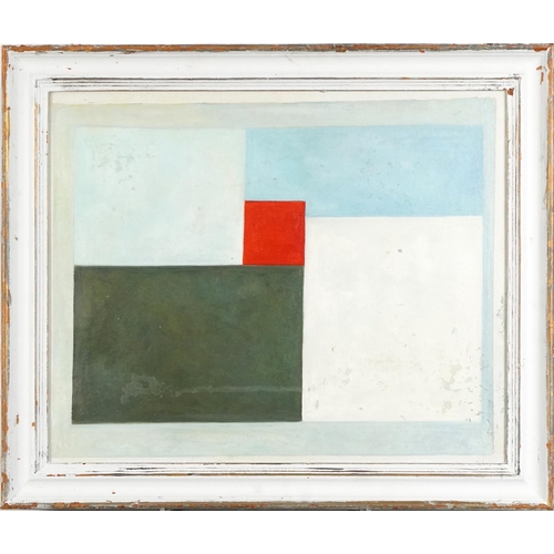 1584 - Abstract composition, geometric shapes, oil on canvas board, framed and glazed, 52.5cm x 43cm.